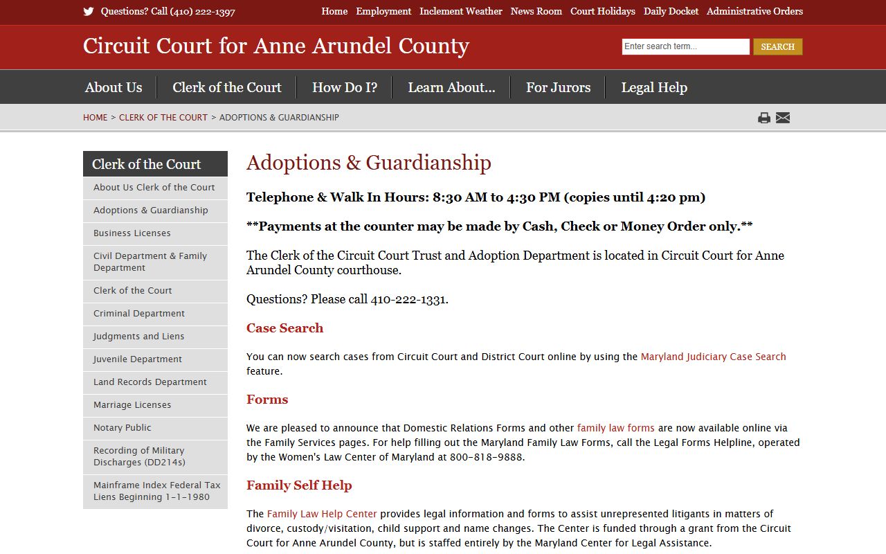 Anne Arundel County clerk adoption and guardianship court records page