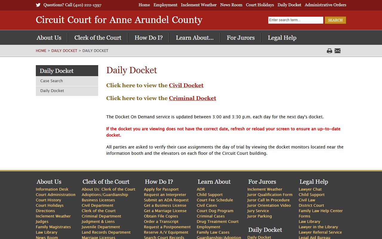 Anne Arundel County Circuit Court daily docket records page