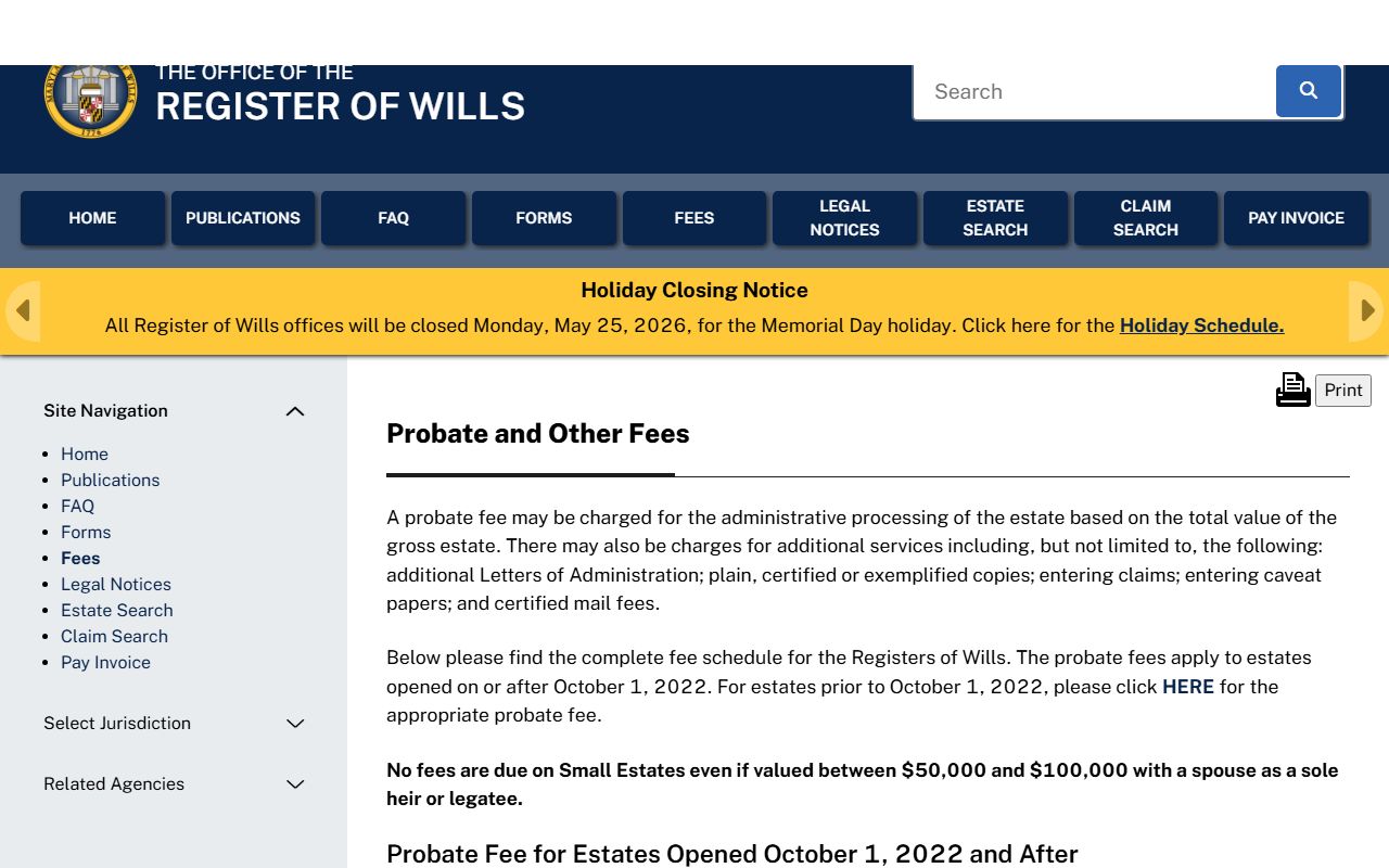 Anne Arundel County Register of Wills probate fee schedule for estate records