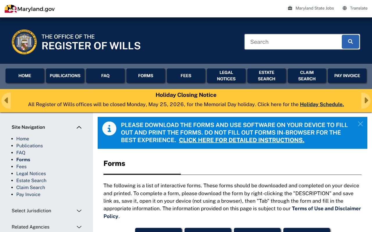 Anne Arundel County Register of Wills probate forms library