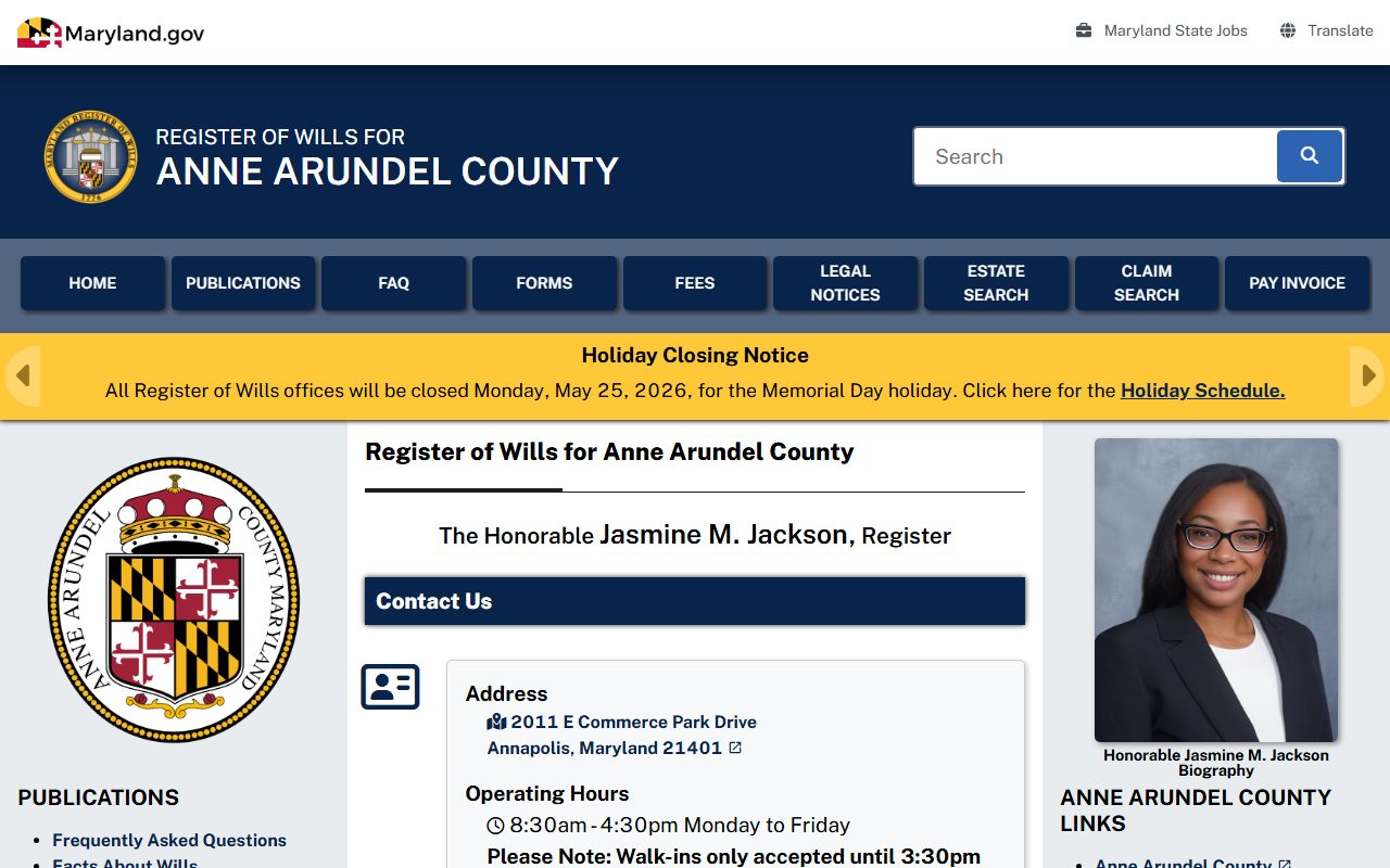 Anne Arundel County Register of Wills office page for probate and estate records