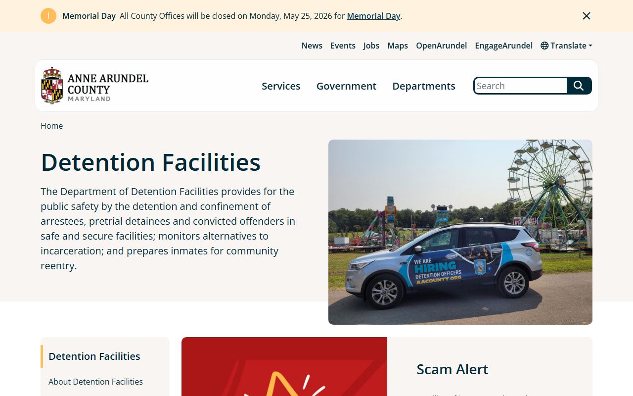 Anne Arundel County Department of Detention Facilities homepage for jail population information
