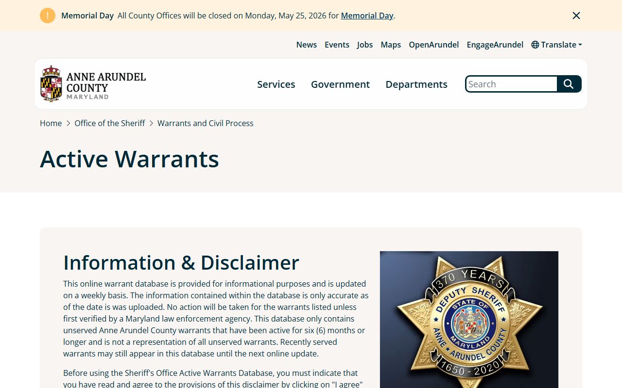 Anne Arundel County active warrants database and disclaimer page