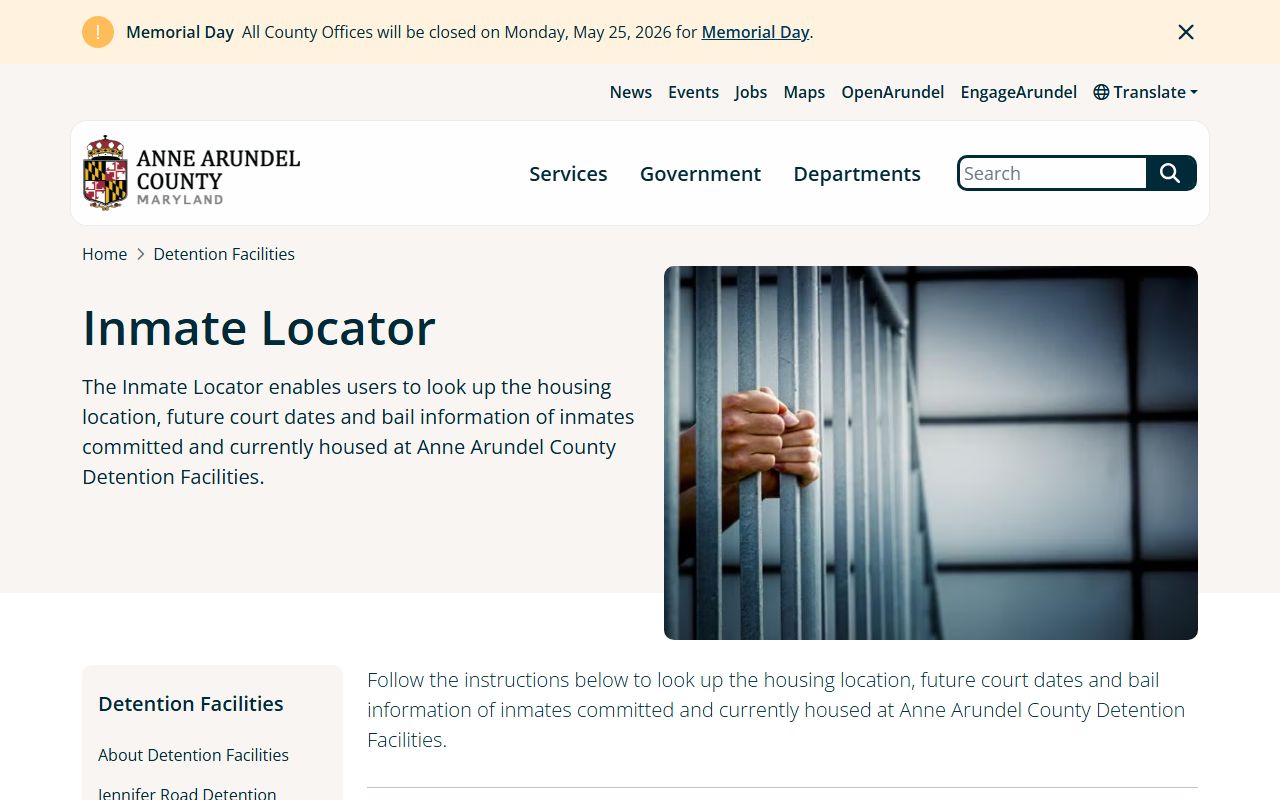 Anne Arundel County inmate locator jail roster search form