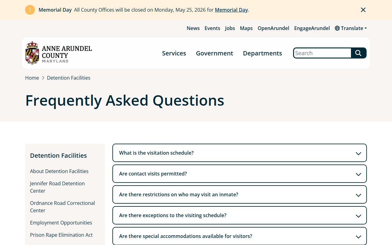 Anne Arundel County jail detention facilities inmate FAQ page
