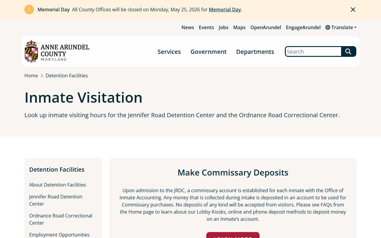Anne Arundel County jail inmate visitation rules page