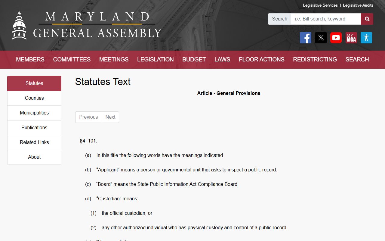 Anne Arundel County public records governed by the Maryland Public Information Act statute