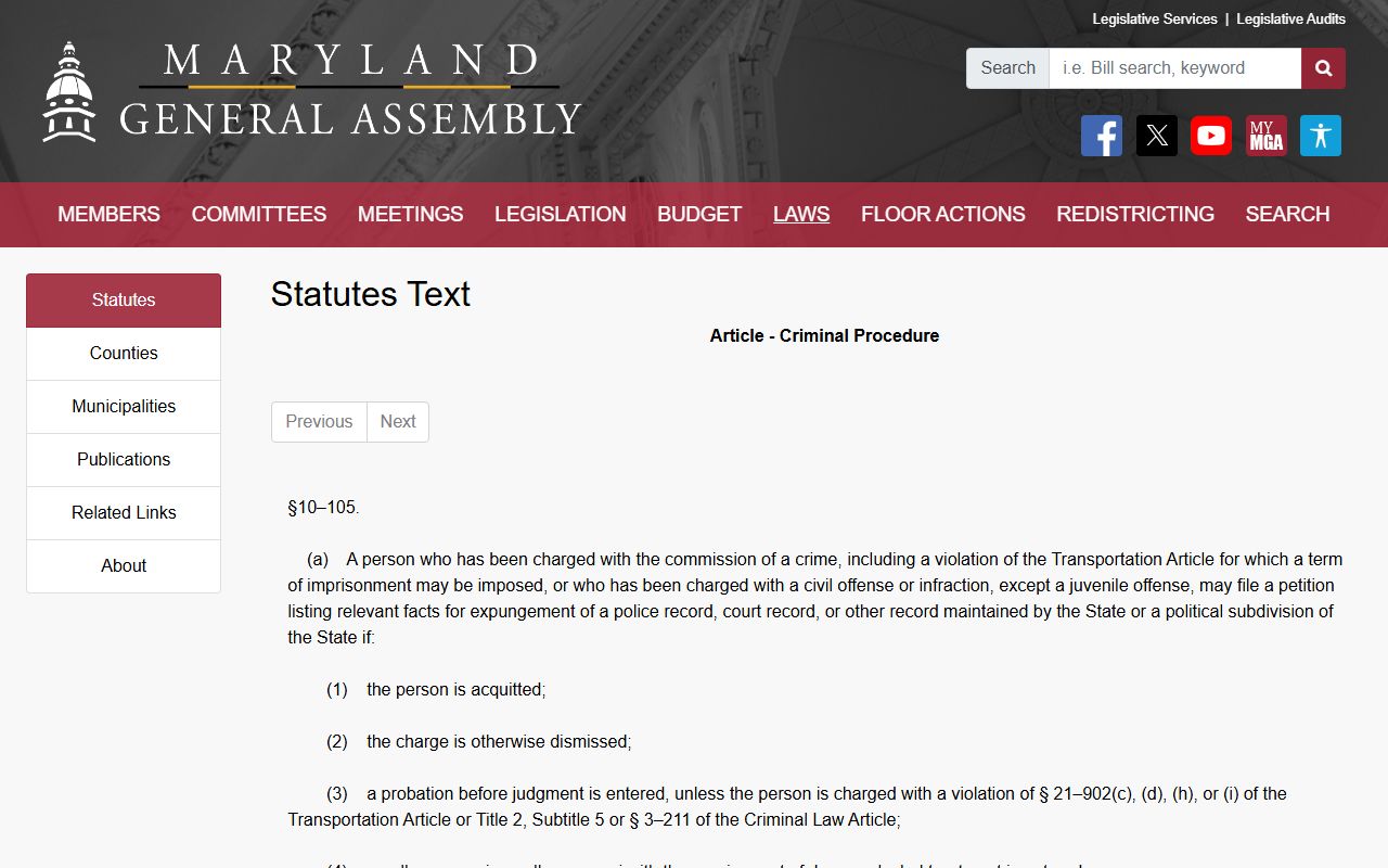 Anne Arundel County criminal records expungement statute page