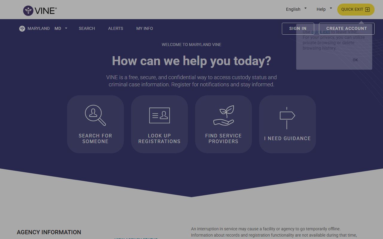 Anne Arundel County released inmate custody status and notification search on VINELink Maryland