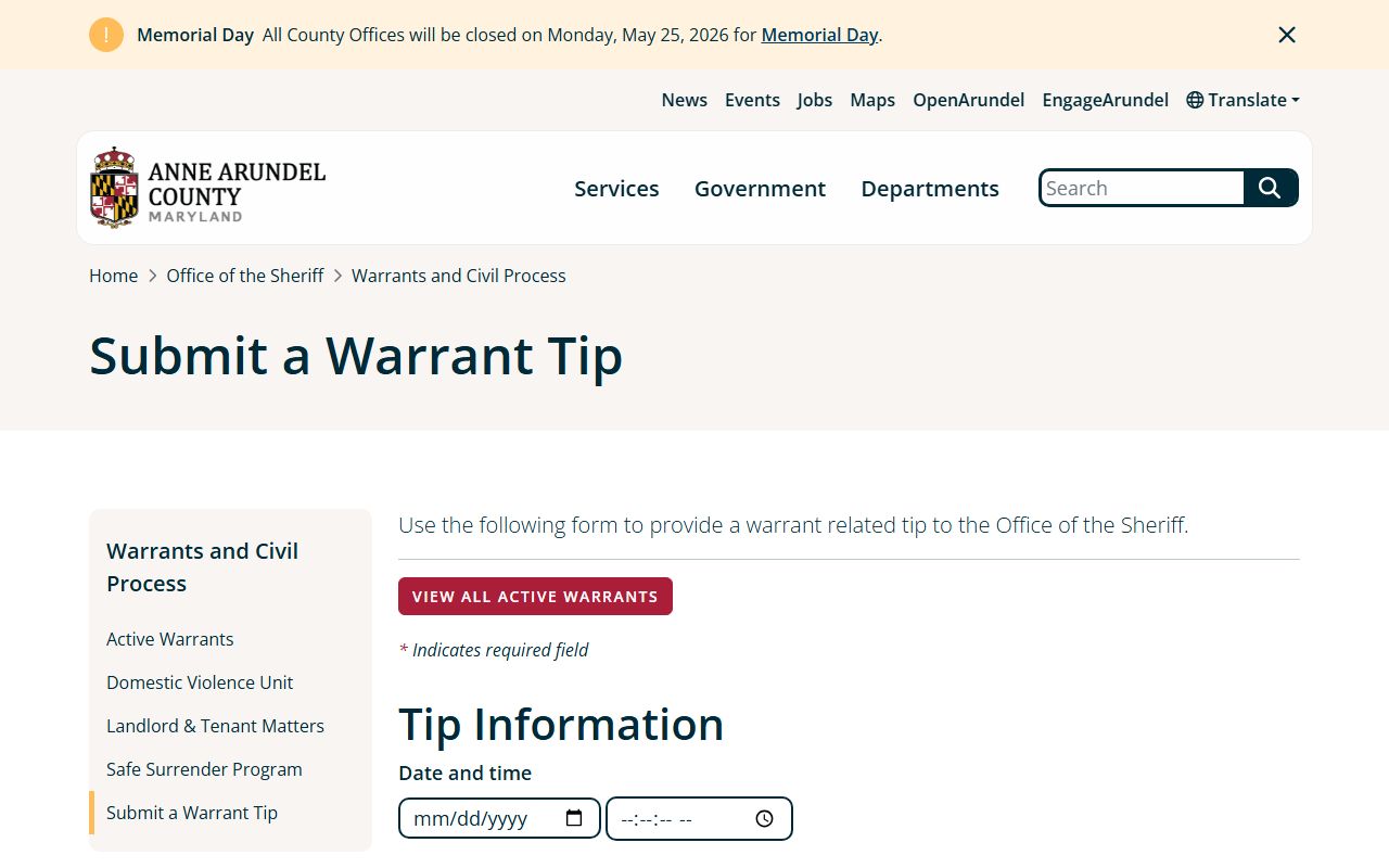 Anne Arundel County warrant tip form for an active warrant