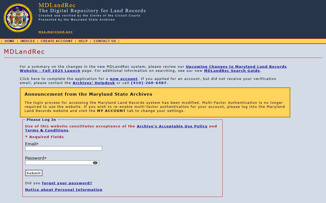 Anne Arundel County land records index on the MDLandRec public records portal