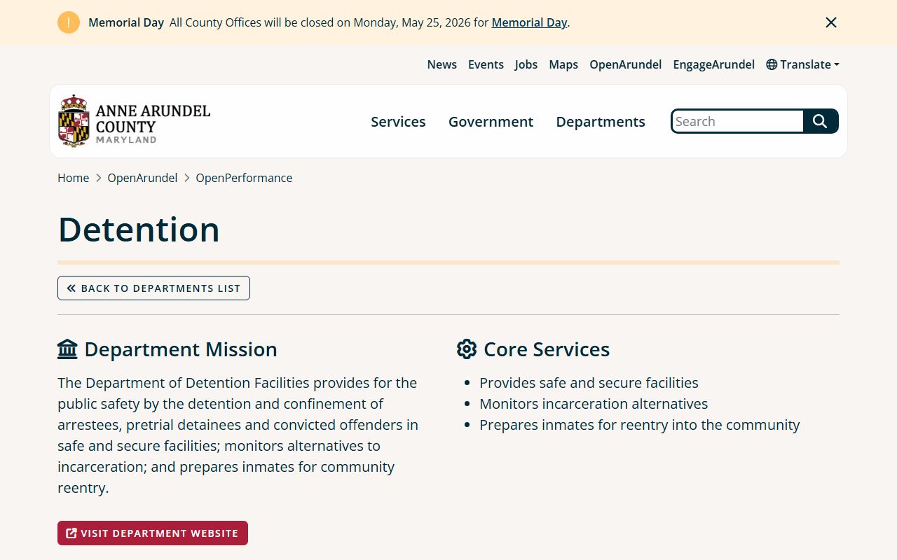 Anne Arundel County jail population data on the OpenPerformance detention dashboard