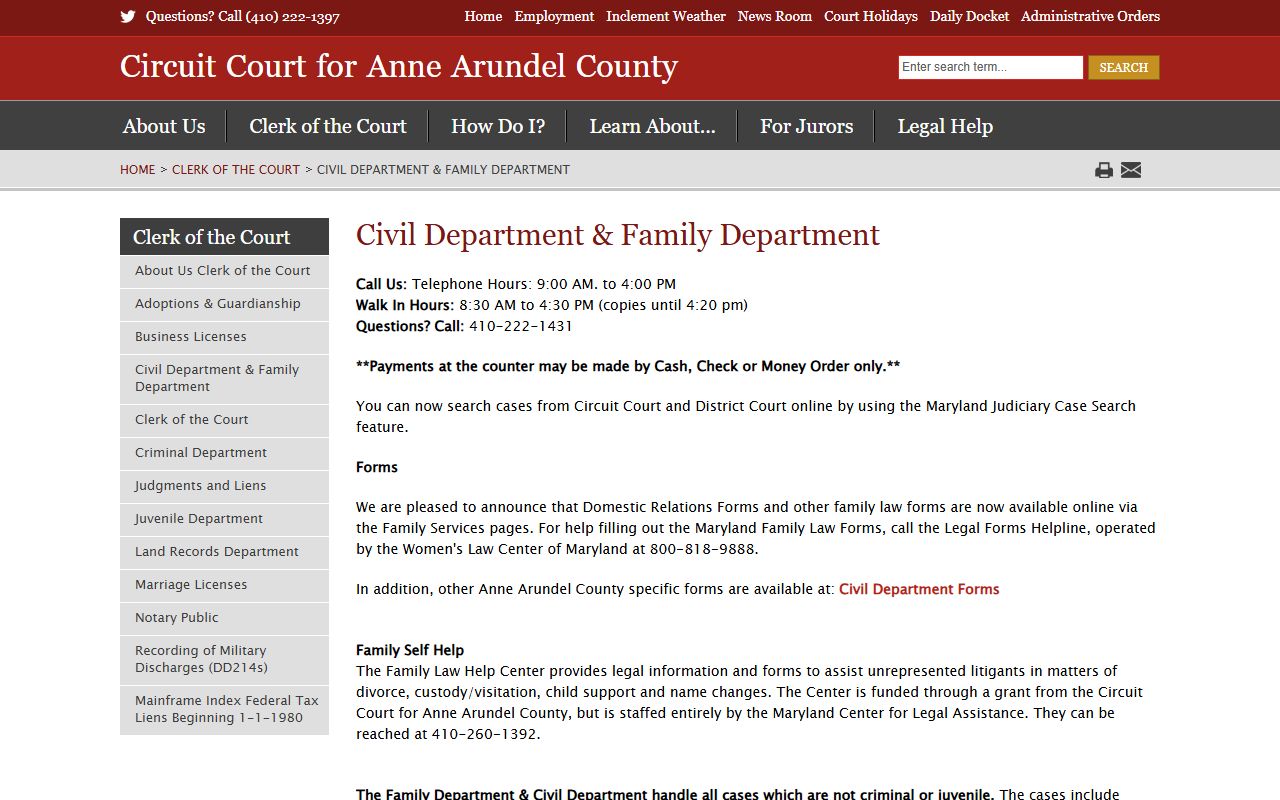 Anne Arundel County divorce records filing office, the Civil Department and Family Division
