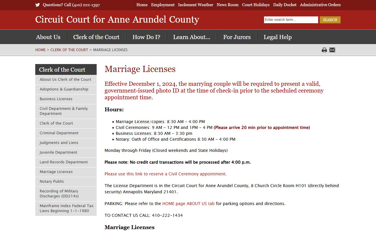 Anne Arundel County marriage license records page from the Clerk of the Circuit Court