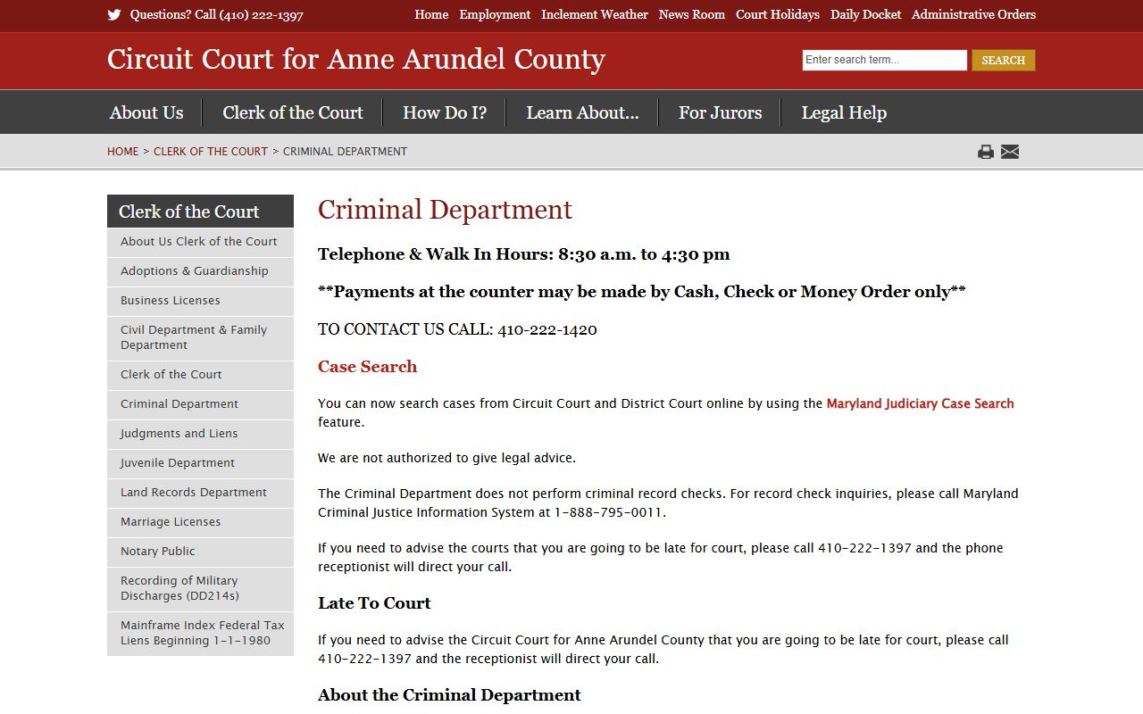 Anne Arundel County criminal court records department page