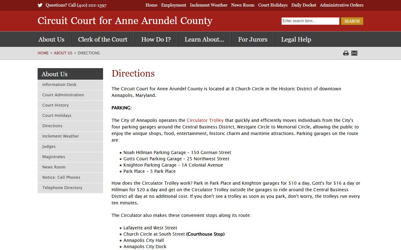 Anne Arundel County courthouse directions and parking record page