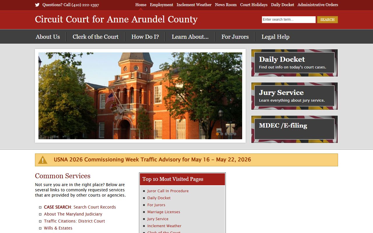Anne Arundel County Court records portal on the Circuit Court homepage