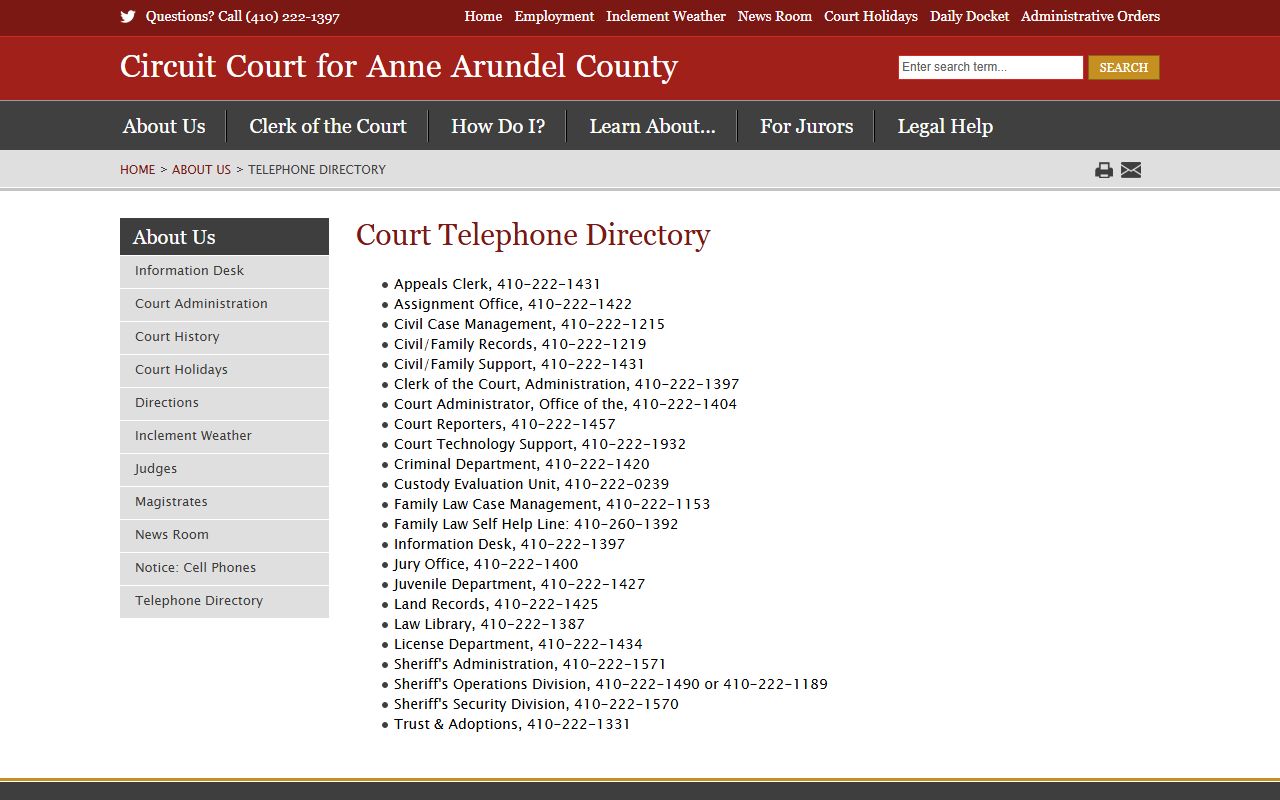 Anne Arundel County Circuit Court telephone directory page