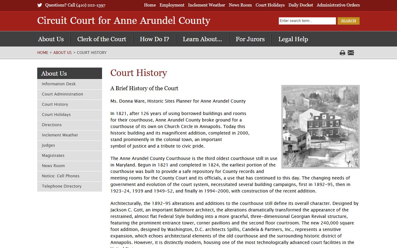Anne Arundel County Circuit Court history page with courthouse records detail